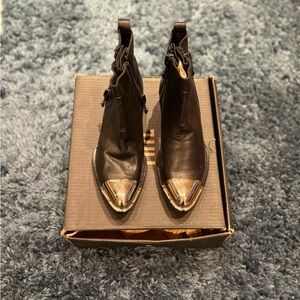 Black Leather Ankle Boots with Silver Accents